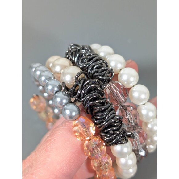 Pink Gray Faux Pearl Beaded Coil Bracelet Gray Metal Chain Wide 7.5" - Picture 7 of 9